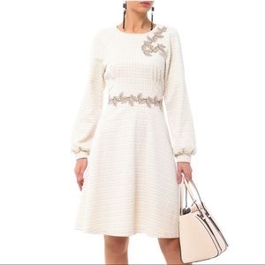 Iren Klairie | Ivory + Gold Appliqué Leaf Dress